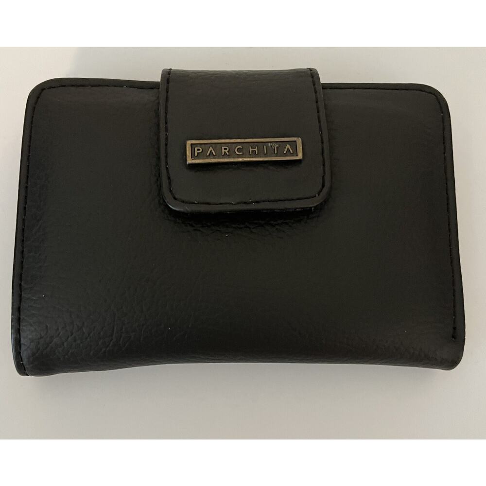 PARCHITA Black Logo Vegan Faux Leather Lightweight Compartment Snap‎ Wallet